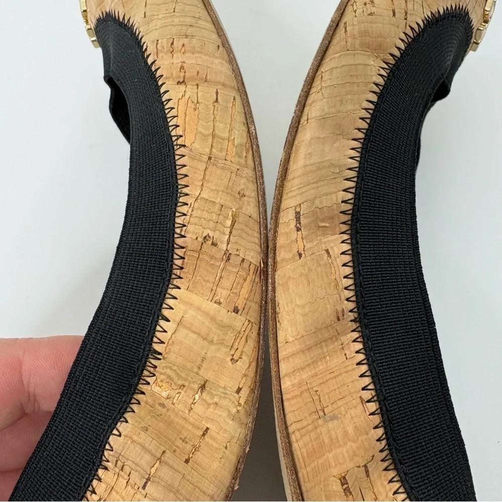 Tory Burch Black and Natural Cork Cap-Toe Ballet Flats